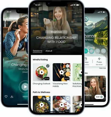 Hypnozio Weight Loss app on three phones showing the Changing Relationship With Food program, Mindful Eating sessions and a daily streak screen