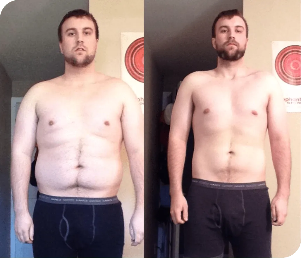 Before-and-after front-view photos of a bearded man, shared as a Hypnozio Weight Loss user story