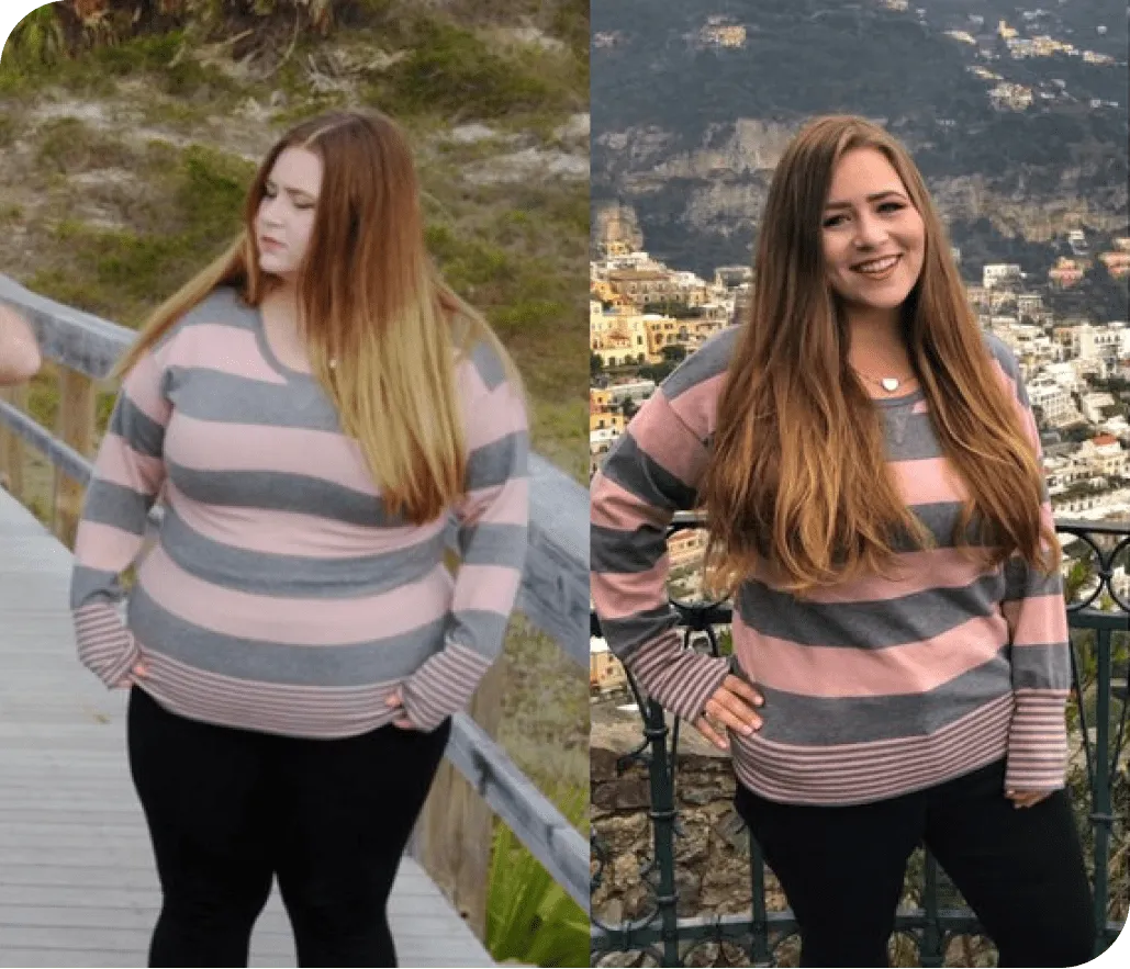 Before-and-after photos of a woman in a pink and gray striped top, shared as a Hypnozio Weight Loss user story